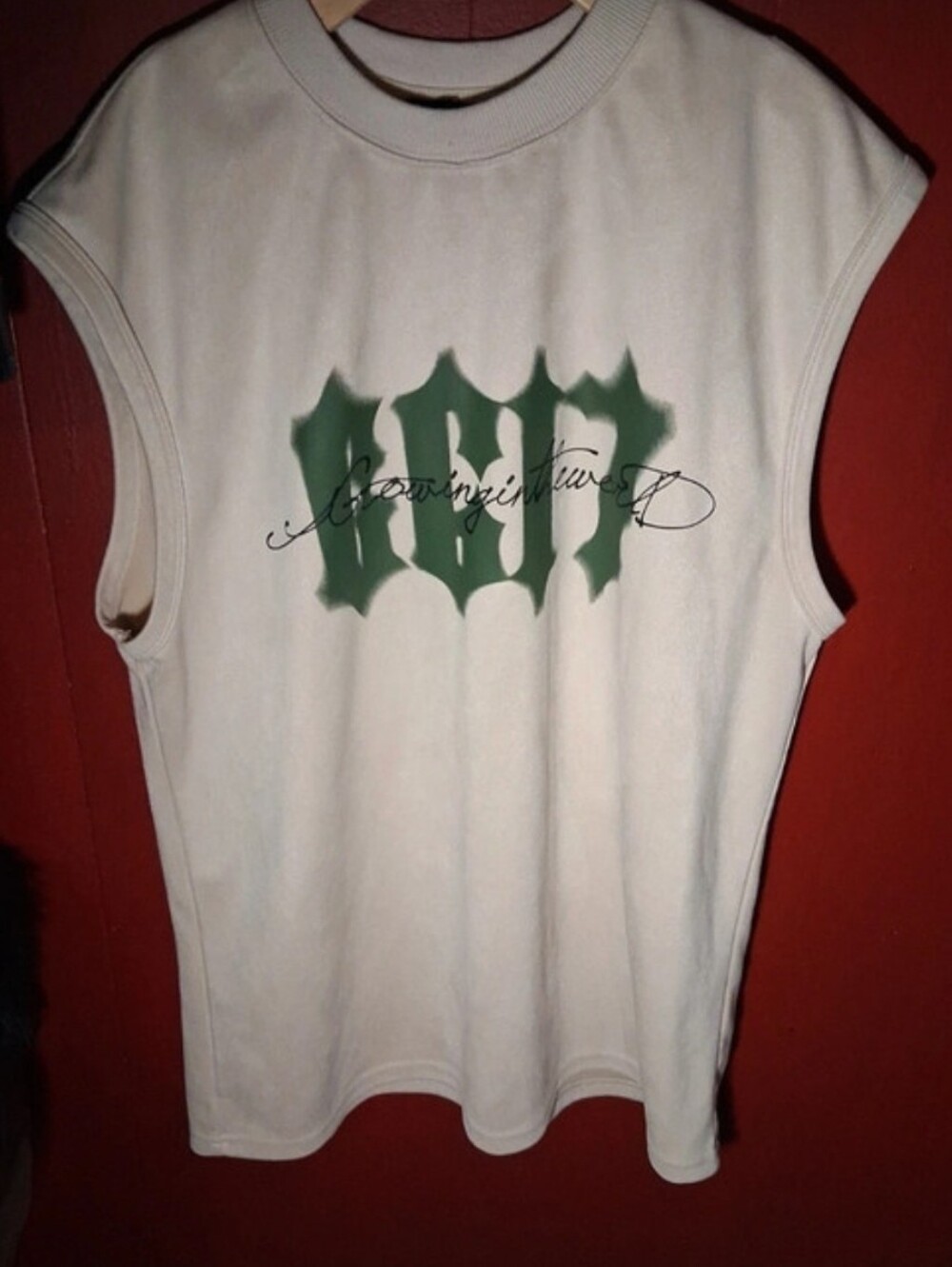 White Sleeveless Men Top with Green Graphic - Picture 1 of 1
